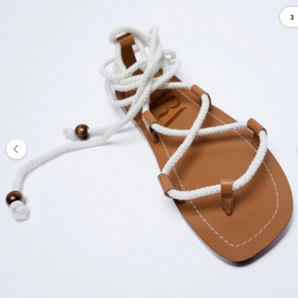 Zara Leather White Rope Strappy Gladiator Square-Toe Flats Sandals (NWT) - Picture 2 of 6